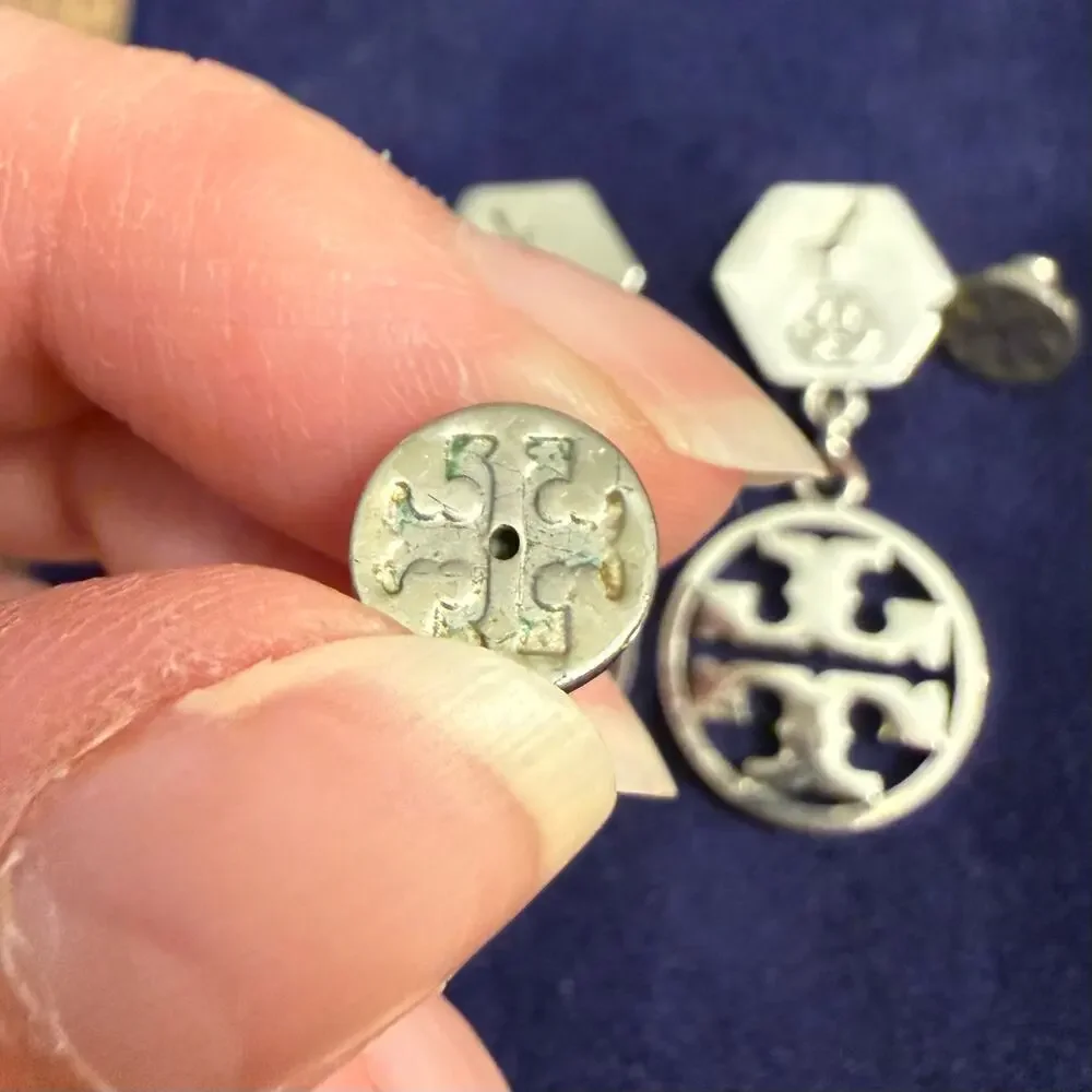Tory Burch Hexagonal Logo Circle Drop Earrings Silver Tone Jewelry 1.5